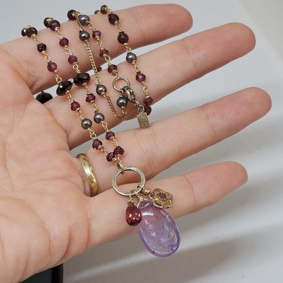 Alexis Bittar 925 Silver Vermeil Amethyst Garnet & Gray Pearl Stones Necklace - Picture 9 of 12